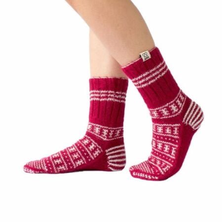 Authentic Hand Knitted Ankle Kullu Himalaya Socks Unisex Red Color